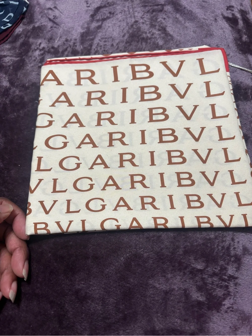 Bulgari Cream Silk Scarf with Brown Logo and Red Edge